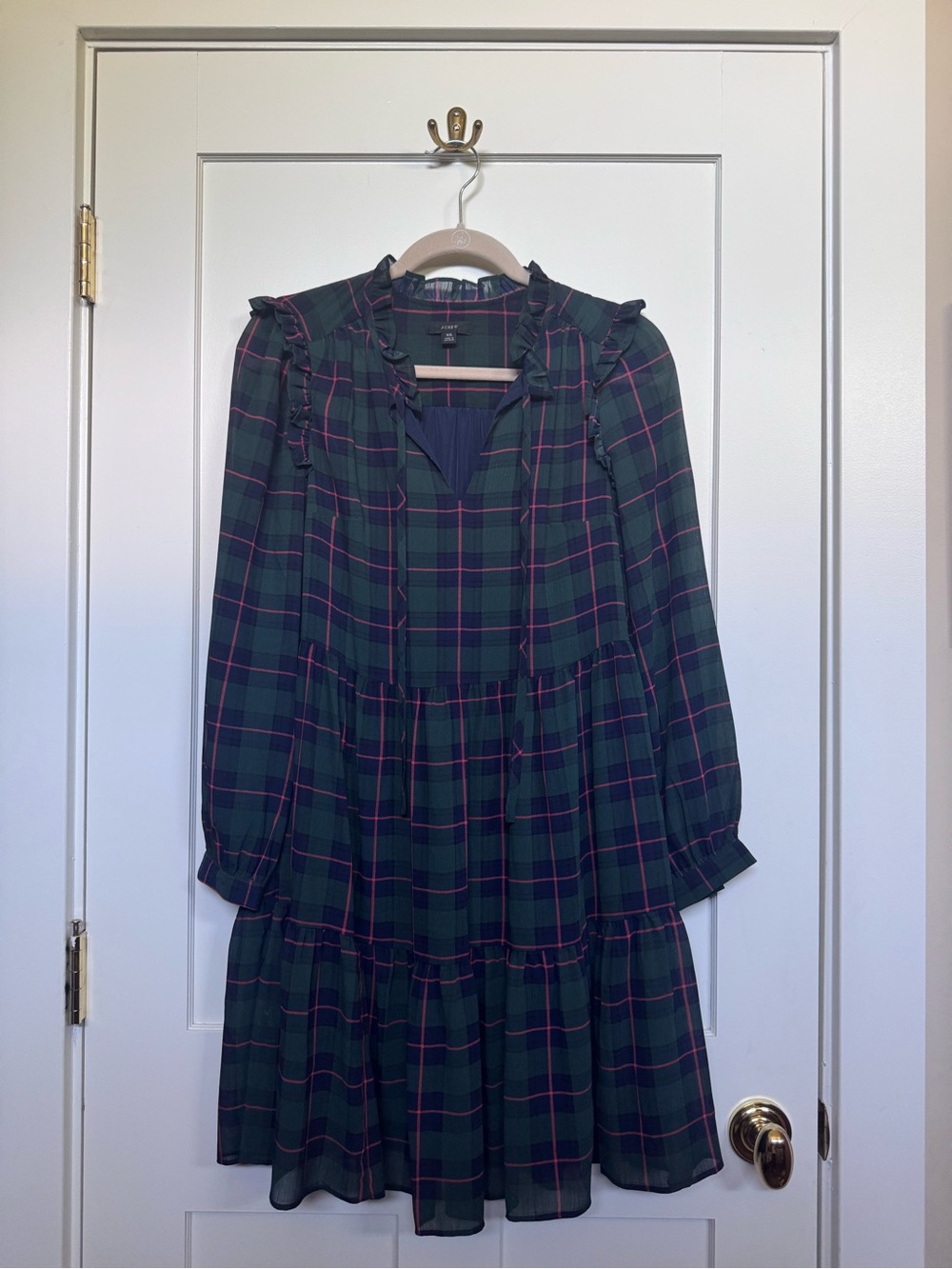 J. Crew Green Plaid Ruffle Long-Sleeve Tiered Dress with Pink Accents *Holiday!*